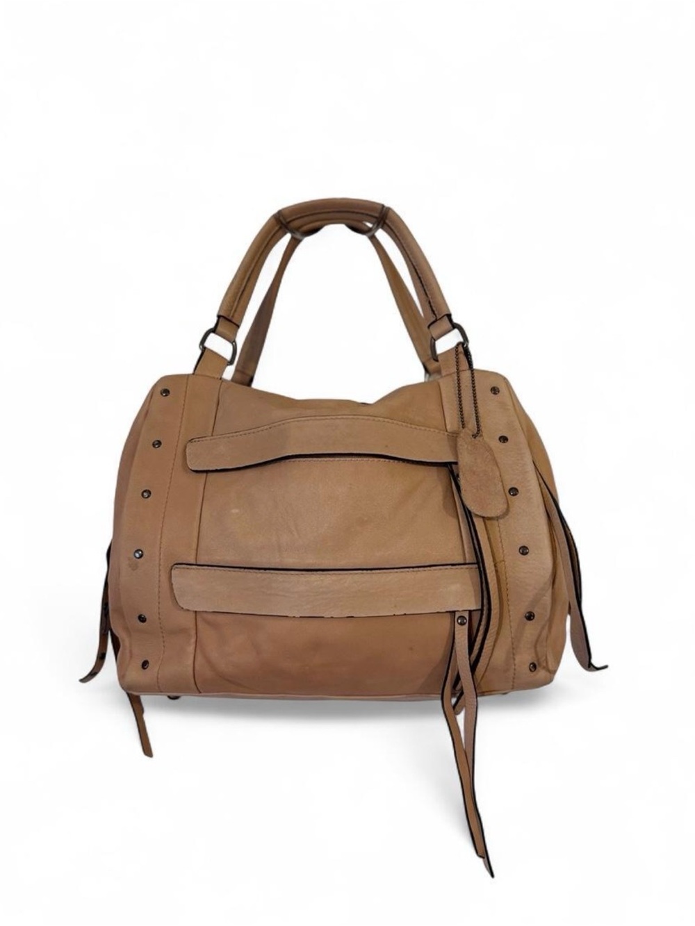 Joelle Hawkens Light Beige 100% Cow Leather Shoulder Bag with Studs and Feet.